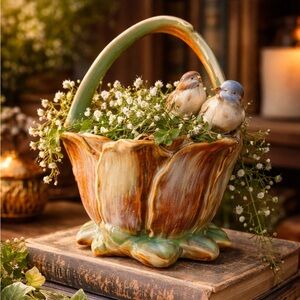 Vintage-Style Ceramic Bird Basket Planter | Drip Glaze Pottery |